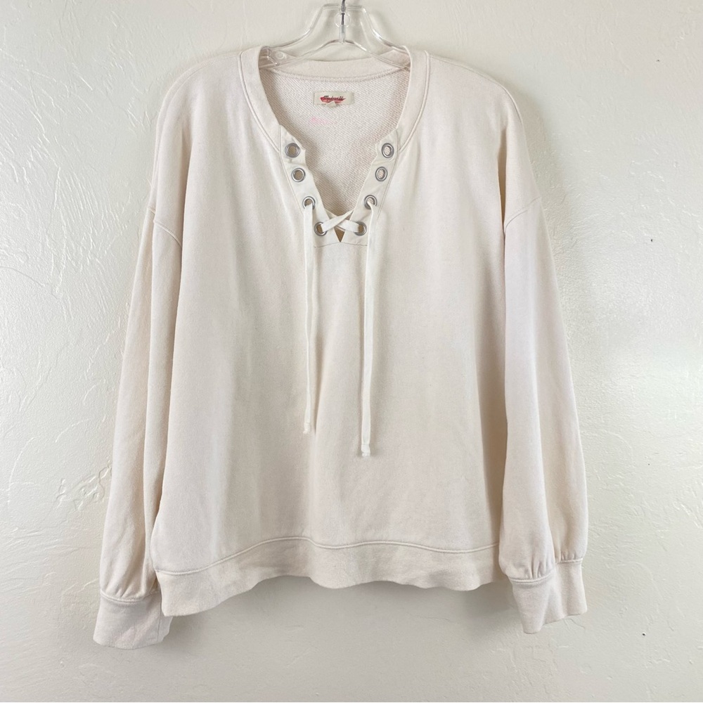 Madewell Medium Ivory Beige Cotton Knit Lace-up Neckline Full Sleeve Sweater